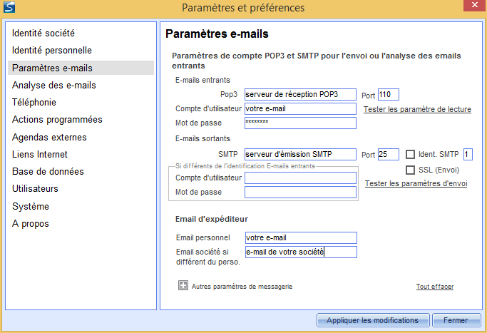 paramètre e-mail